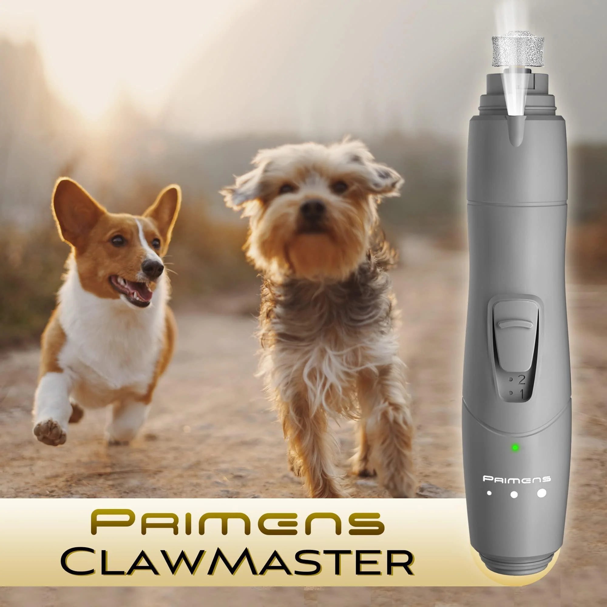 Dog nail grinder with LED light, suitable for all dog sizes, featuring a diamond grinder head for safe nail trimming.