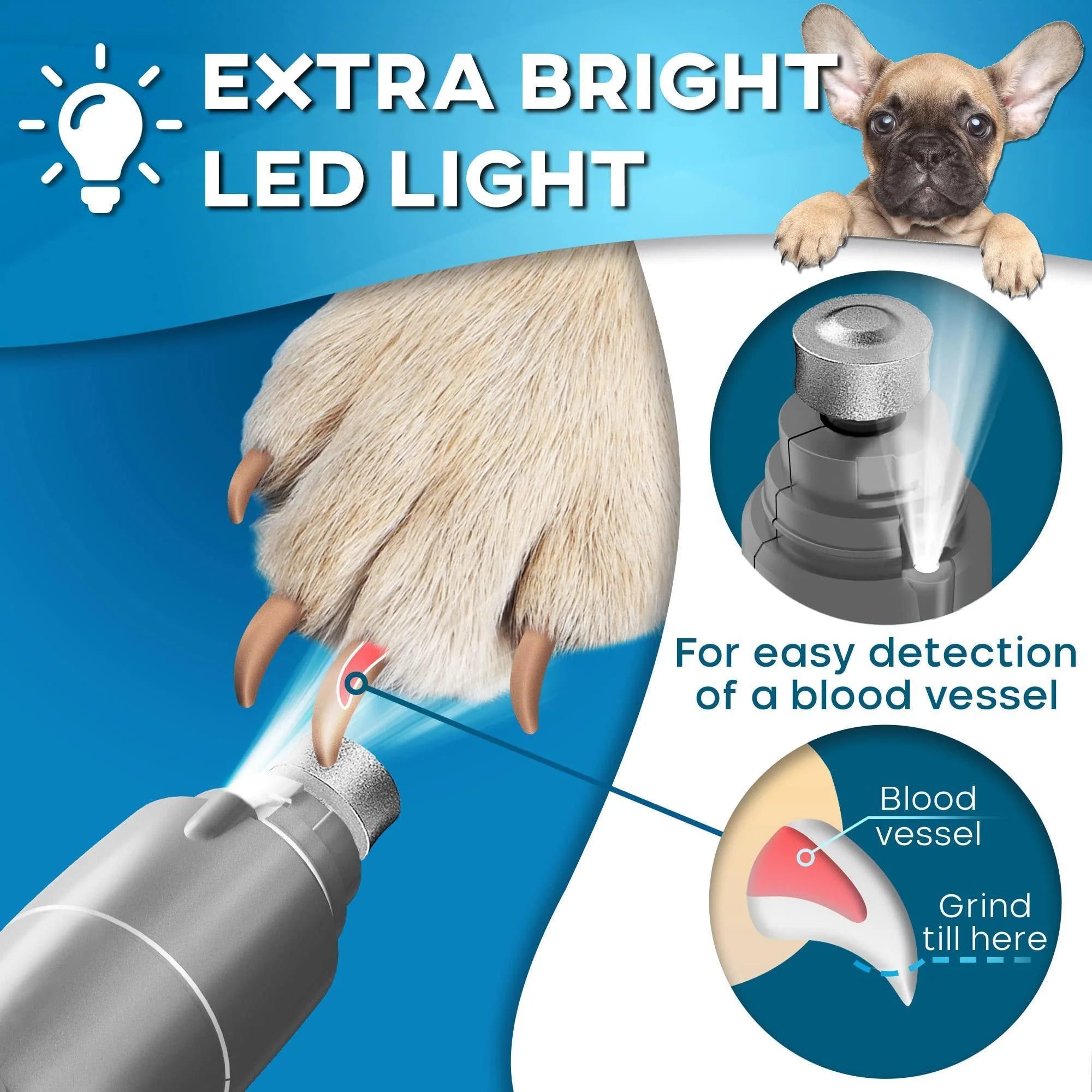 Dog nail grinder with LED light for safe trimming, highlighting blood vessel detection for dogs.
