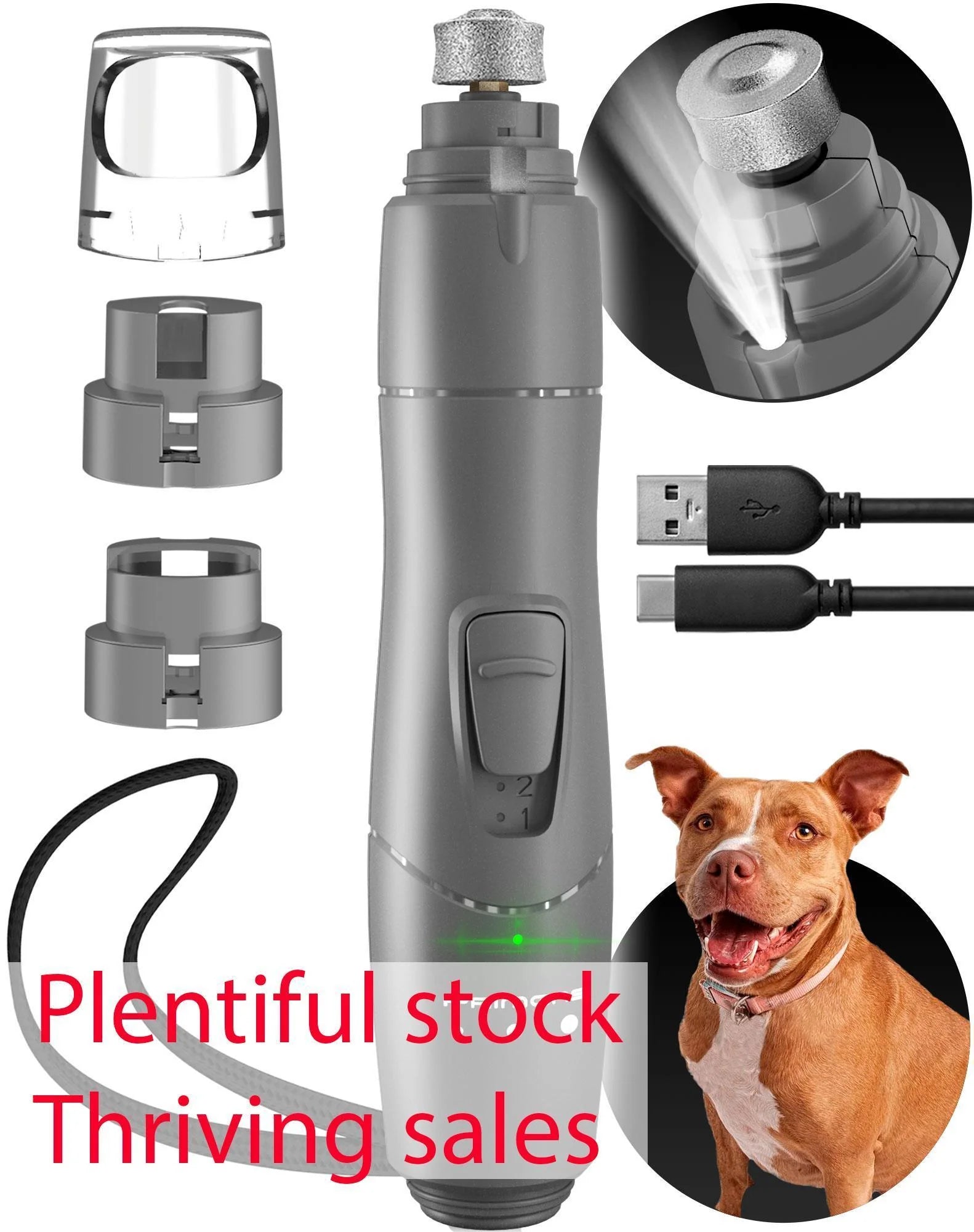 Dog nail grinder with LED light, USB rechargeable, designed for all dog sizes, featuring diamond grinder head.