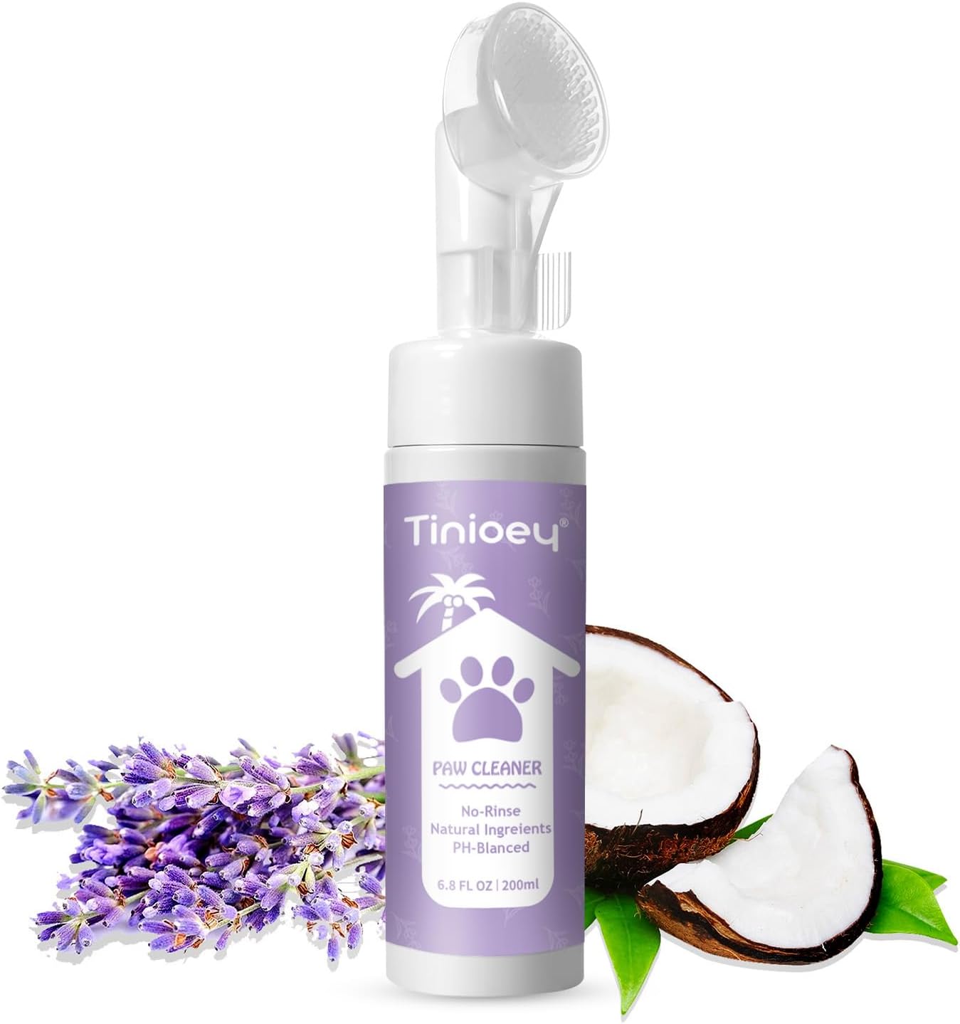 Tinioey Clean Paws Foaming Cleanser with lavender and coconut, 6.8 oz, no-rinse dog and cat paw cleaner.