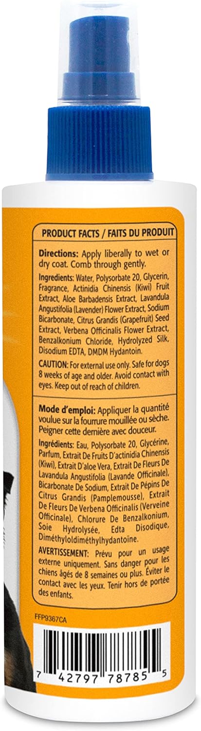 Back label of Arm & Hammer Super Deodorizing Spray for Dogs, detailing instructions and ingredients.