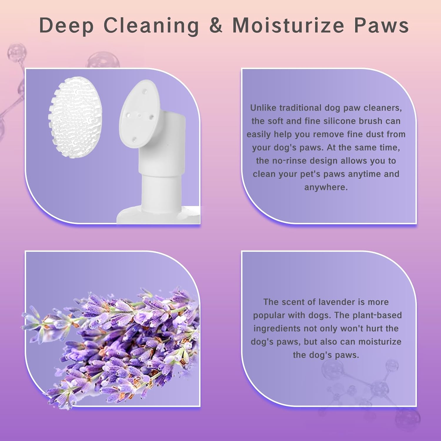 Deep cleaning and moisturizing paw cleaner with silicone brush for dogs, featuring lavender scent for added benefits.
