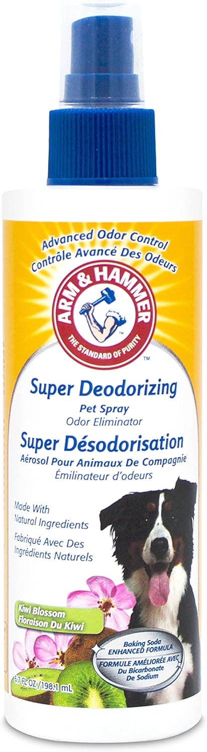 Arm & Hammer Super Deodorizing Spray for Dogs, 6.7 oz, effective odor eliminator with fresh kiwi blossom scent.
