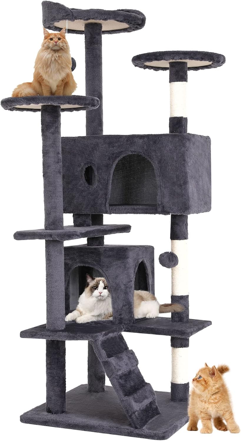 54In Cat Tree Tower for Indoor Cats,Multi-Level Furniture Activity Center with Scratching Posts Stand House Condo Funny Toys Kittens Pet Play House,Ashy
