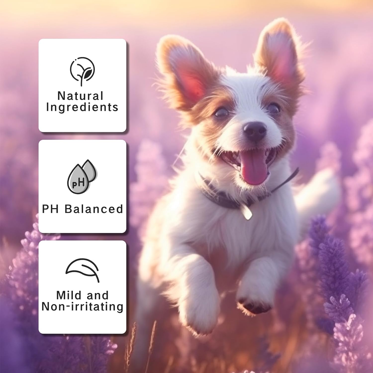 Happy dog in lavender field showcasing natural ingredients, pH balanced, and mild non-irritating formula.