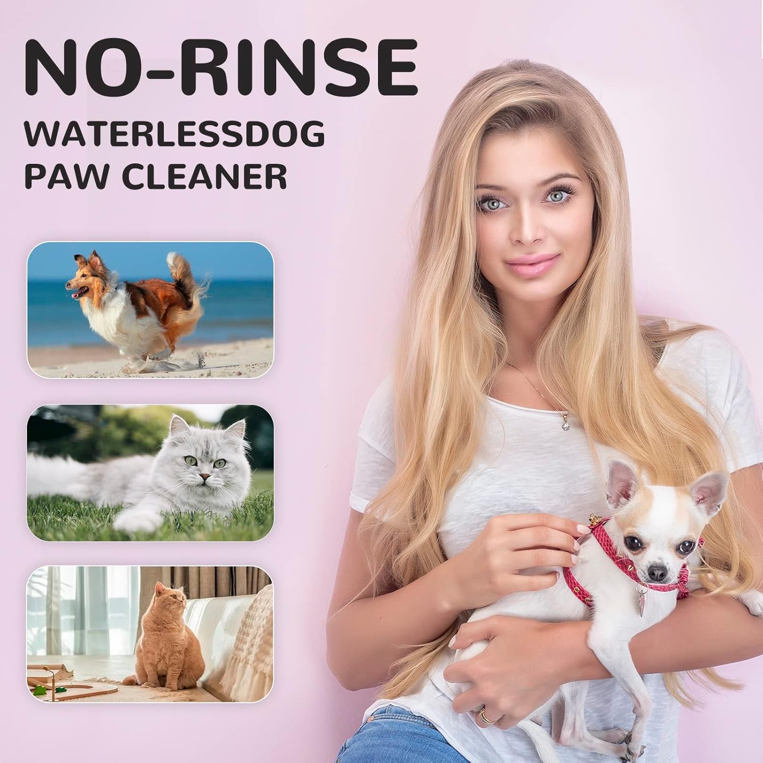 No-rinse waterless dog paw cleaner with images of pets and a woman holding a dog.