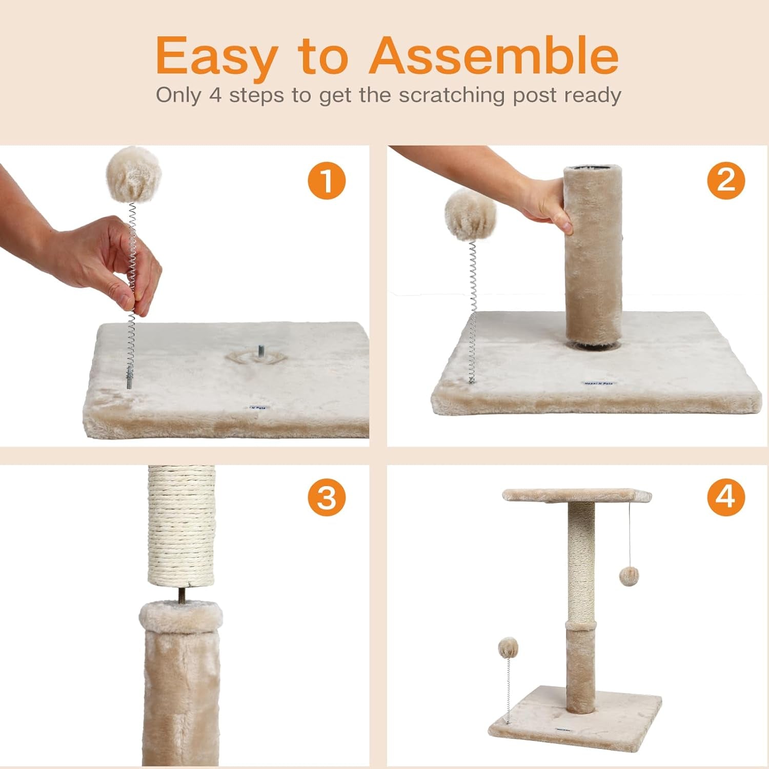 26" Cat Scratching Post with Platform, Sisal Cat Tree Tower for Indoor Cats, Featuring with Hanging Balls & Cozy Cat Perch, Stable Cat Scratch Posts for Kittens-Beige