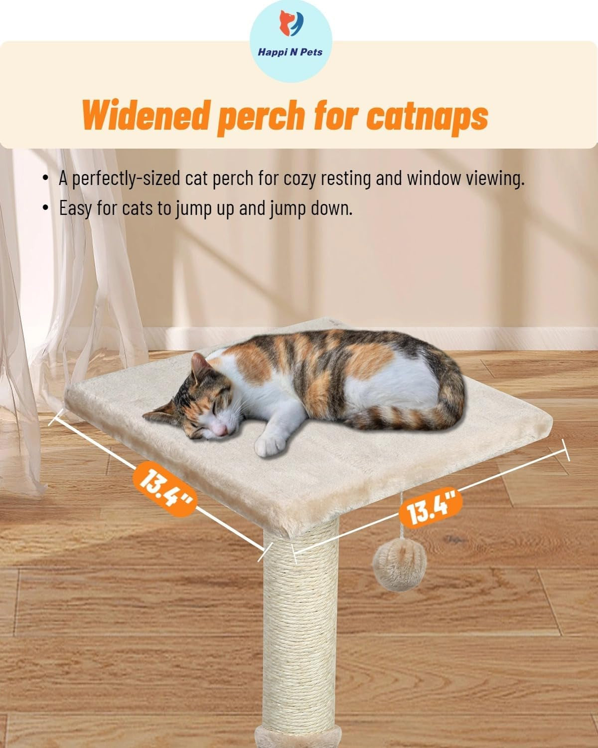 26" Cat Scratching Post with Platform, Sisal Cat Tree Tower for Indoor Cats, Featuring with Hanging Balls & Cozy Cat Perch, Stable Cat Scratch Posts for Kittens-Beige