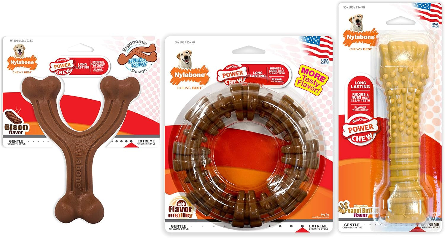 Customer Favorites Power Chew Toy Bundle for Dogs, Indestructible Dog Toys for Aggressive Chewers, Pack of 3 Dog Toys, Flavor Medley, Large Dogs - up to 50 Lbs, 3 Pack