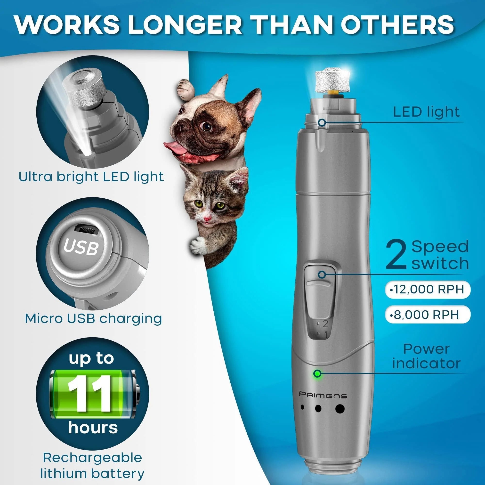 Dog nail grinder with LED light, USB charging, 2 speed settings, and long-lasting rechargeable battery for pets.