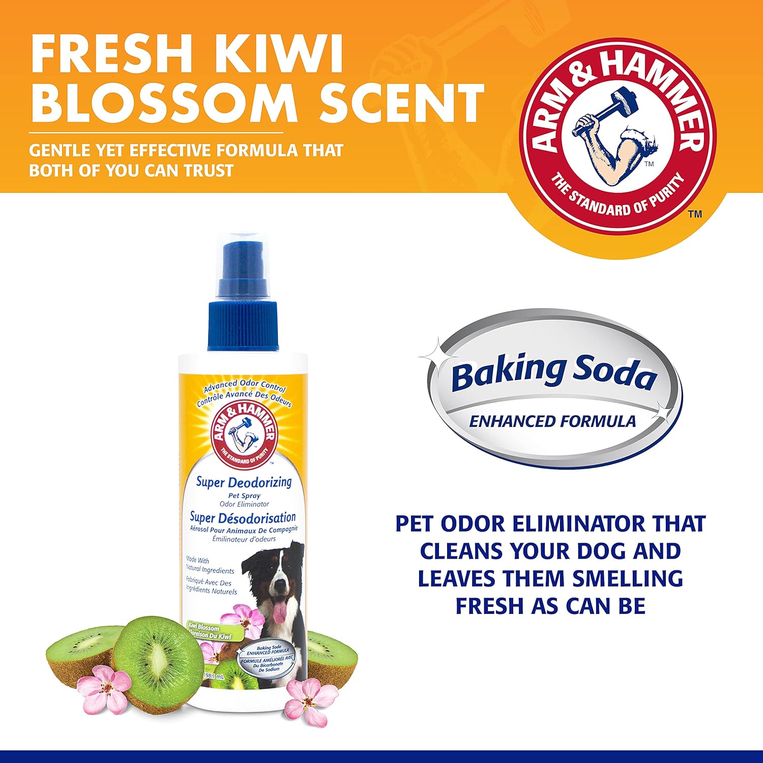 Arm & Hammer Super Deodorizing Spray with Fresh Kiwi Blossom scent, effective pet odor eliminator for dogs.
