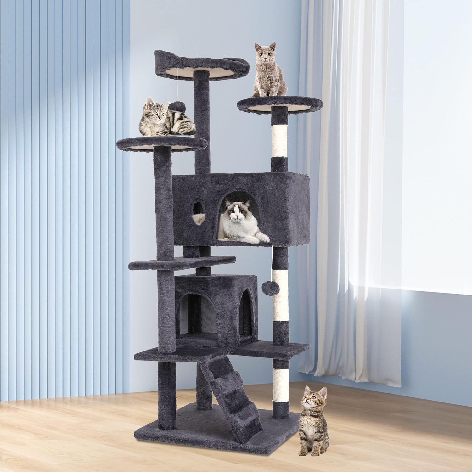 54In Cat Tree Tower for Indoor Cats,Multi-Level Furniture Activity Center with Scratching Posts Stand House Condo Funny Toys Kittens Pet Play House,Ashy