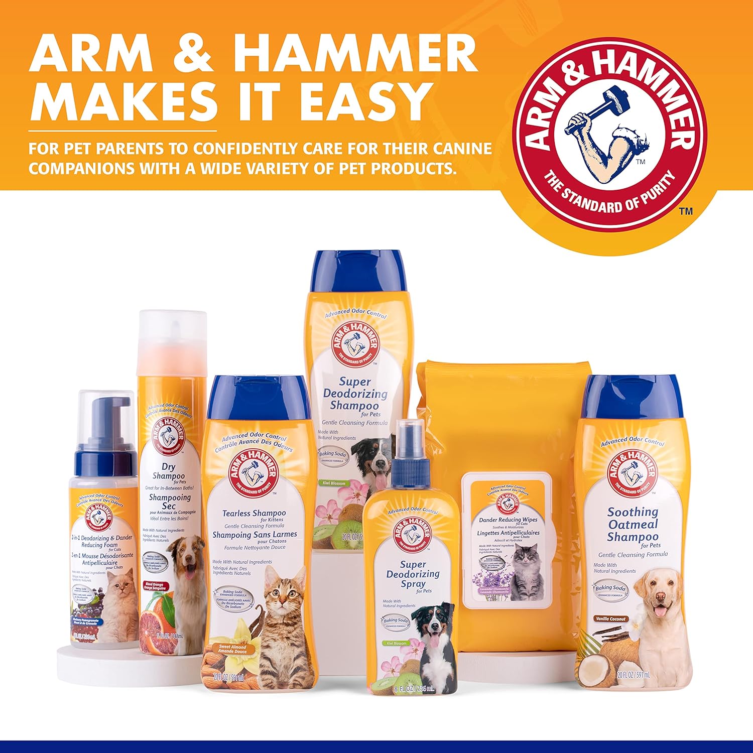 Variety of Arm & Hammer pet care products for dogs, including shampoos and deodorizing sprays, on a clean background.