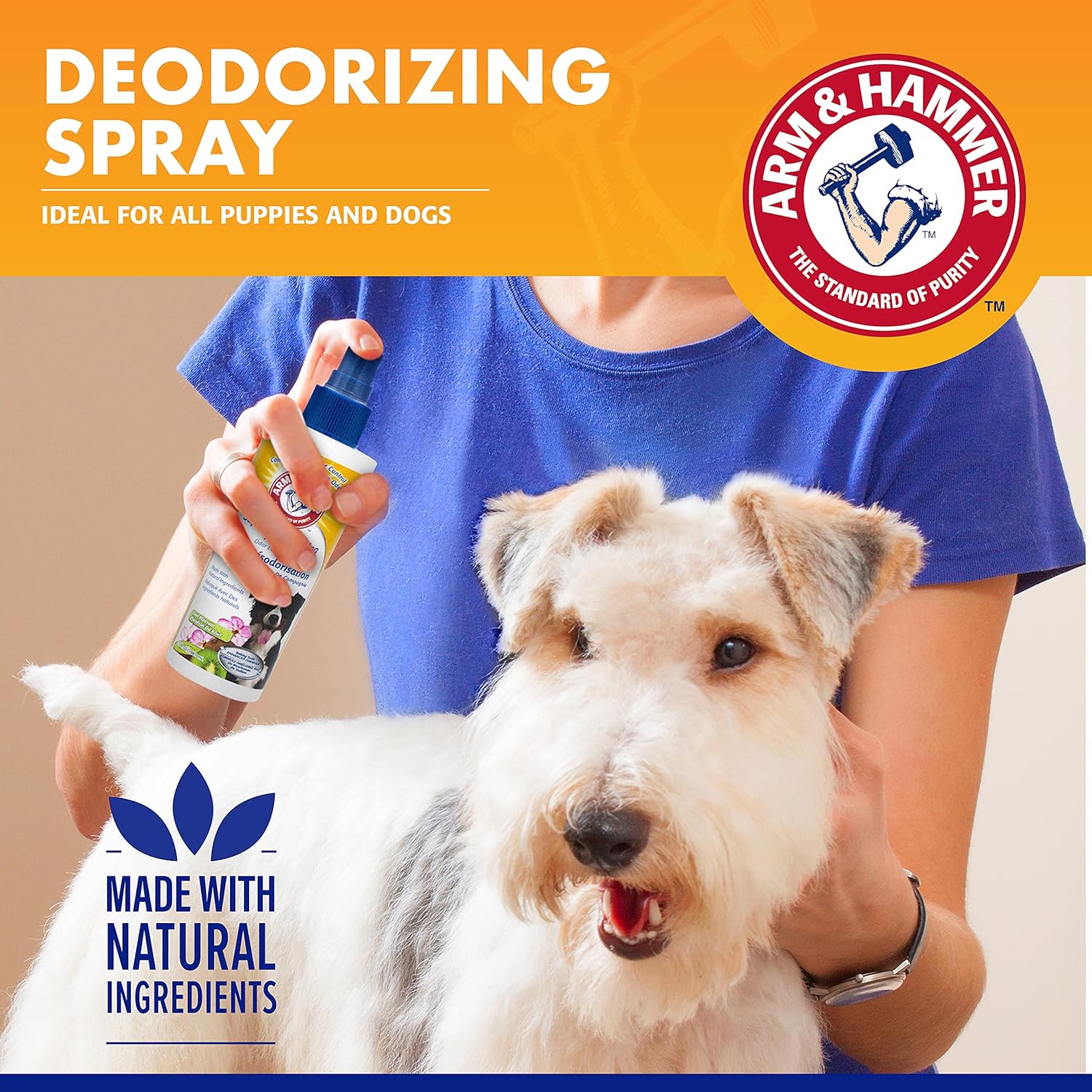 Dog deodorizing spray by Arm & Hammer, ideal for all puppies and dogs, featuring natural ingredients and fresh scent.