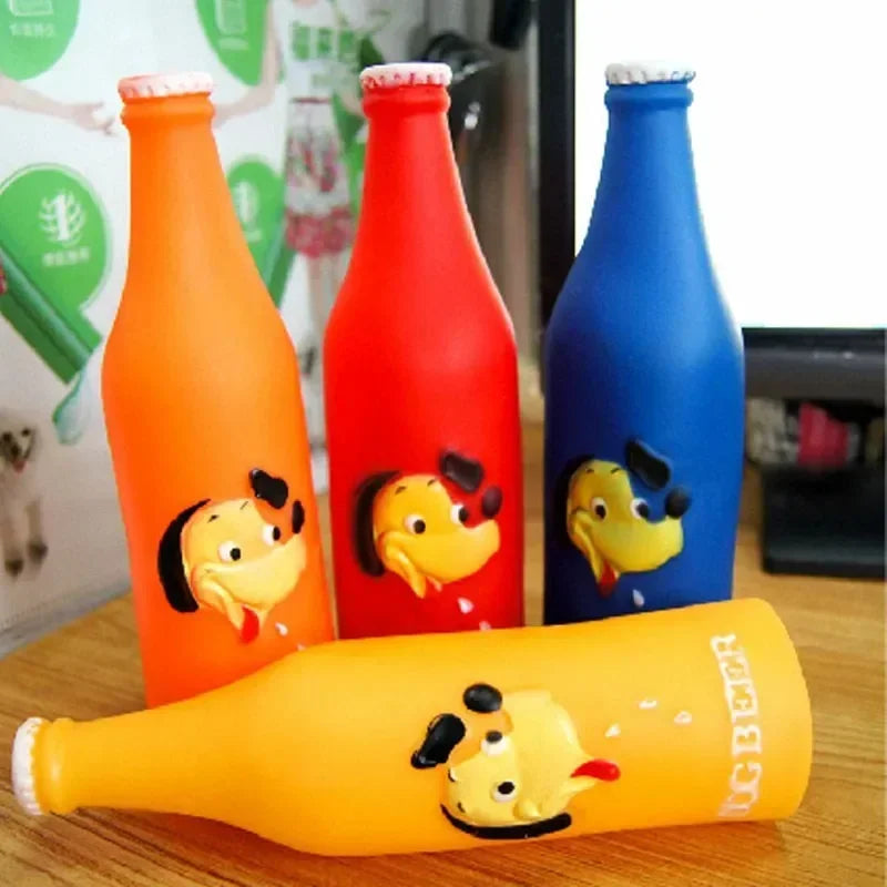 Silicone beer bottle-shaped squeaky dog toys with cartoon dog pattern.