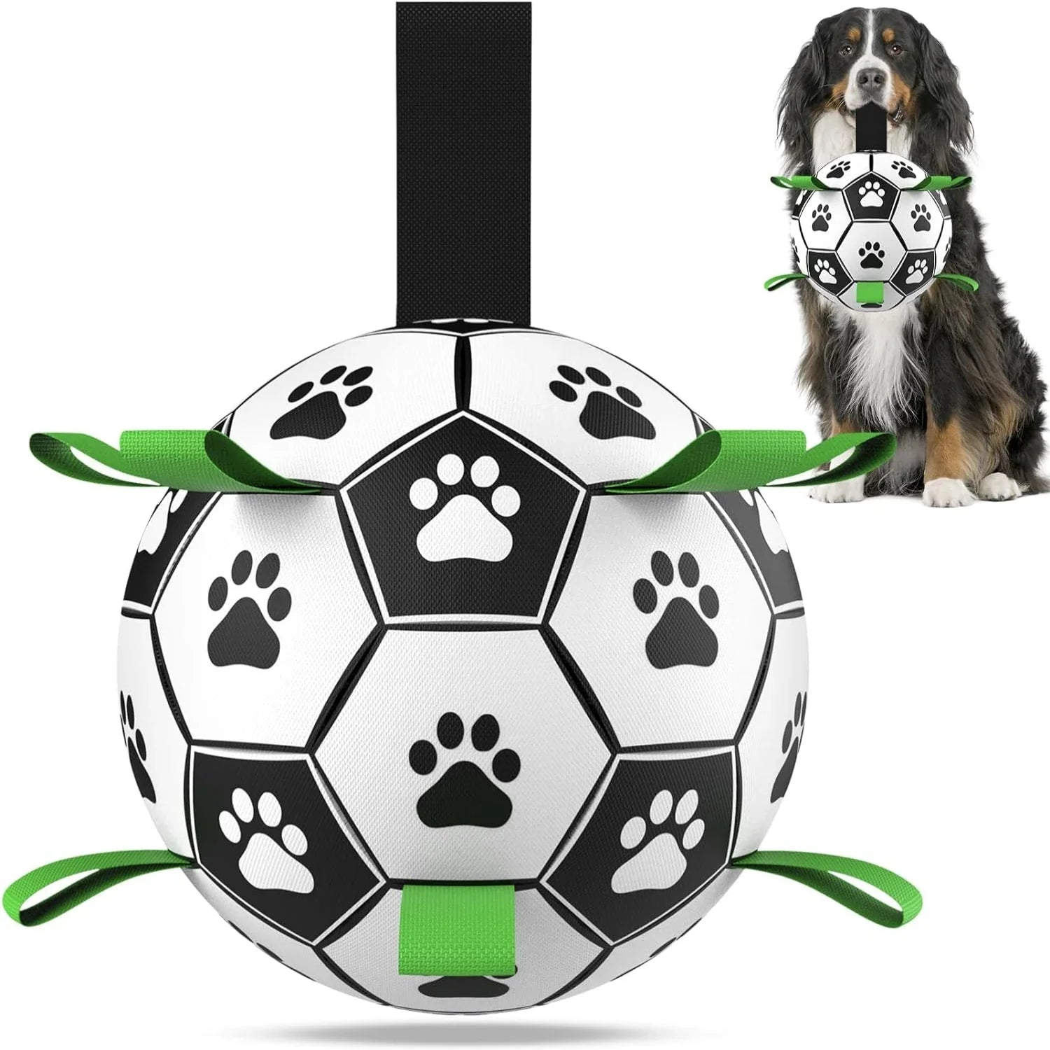 Durable large soccer ball toy for big dogs with paw print design and tough straps.