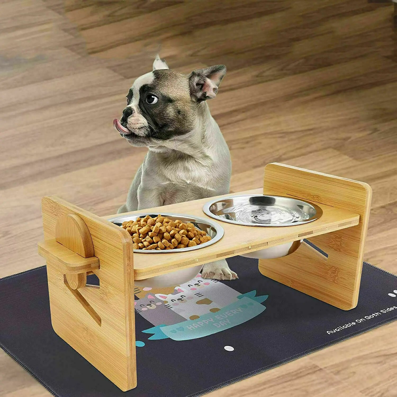 Wooden raised cat bowls with bamboo stand and stainless steel bowls, height adjustable for small pets.