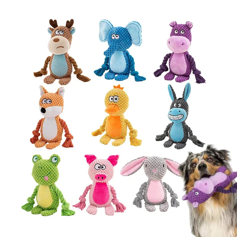 Cute animal rope dog toys with various plush designs, including rabbit and monkey, for playful chewing.