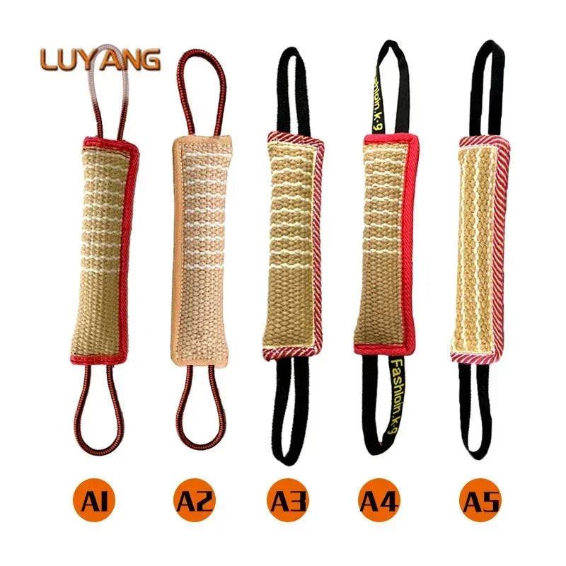 Dog Biting Pillow Tug Stick with Durable Linen, Molar Clean, 2 Rope Handles for Training and Chewing.