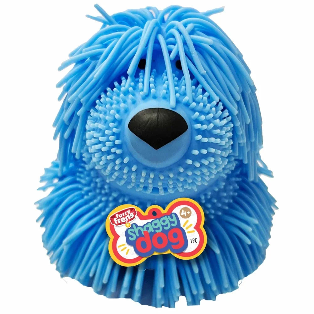 Inflatable Shaggy Dog toy in blue with soft textured surface for stress relief and interactive fun.