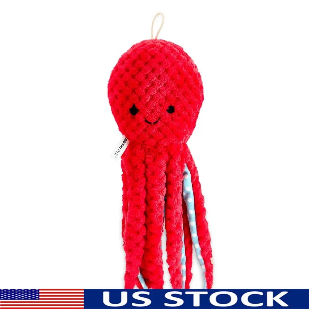 Red plush octopus dog toy with squeaker, crinkle paper, durable polyester, interactive play for medium dogs.