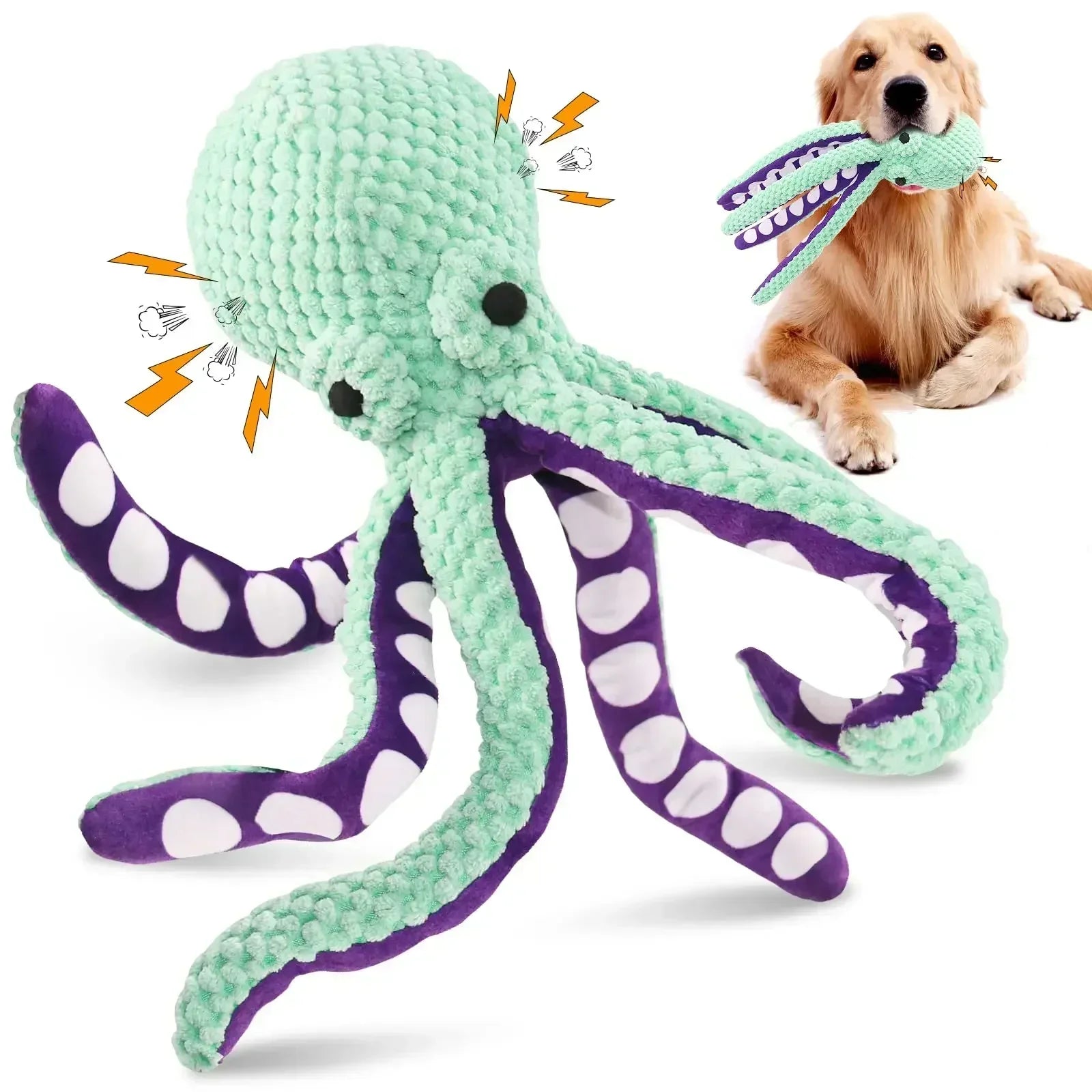 Interactive plush octopus toy for dogs; bite-resistant, squeaky, and teeth-cleaning.