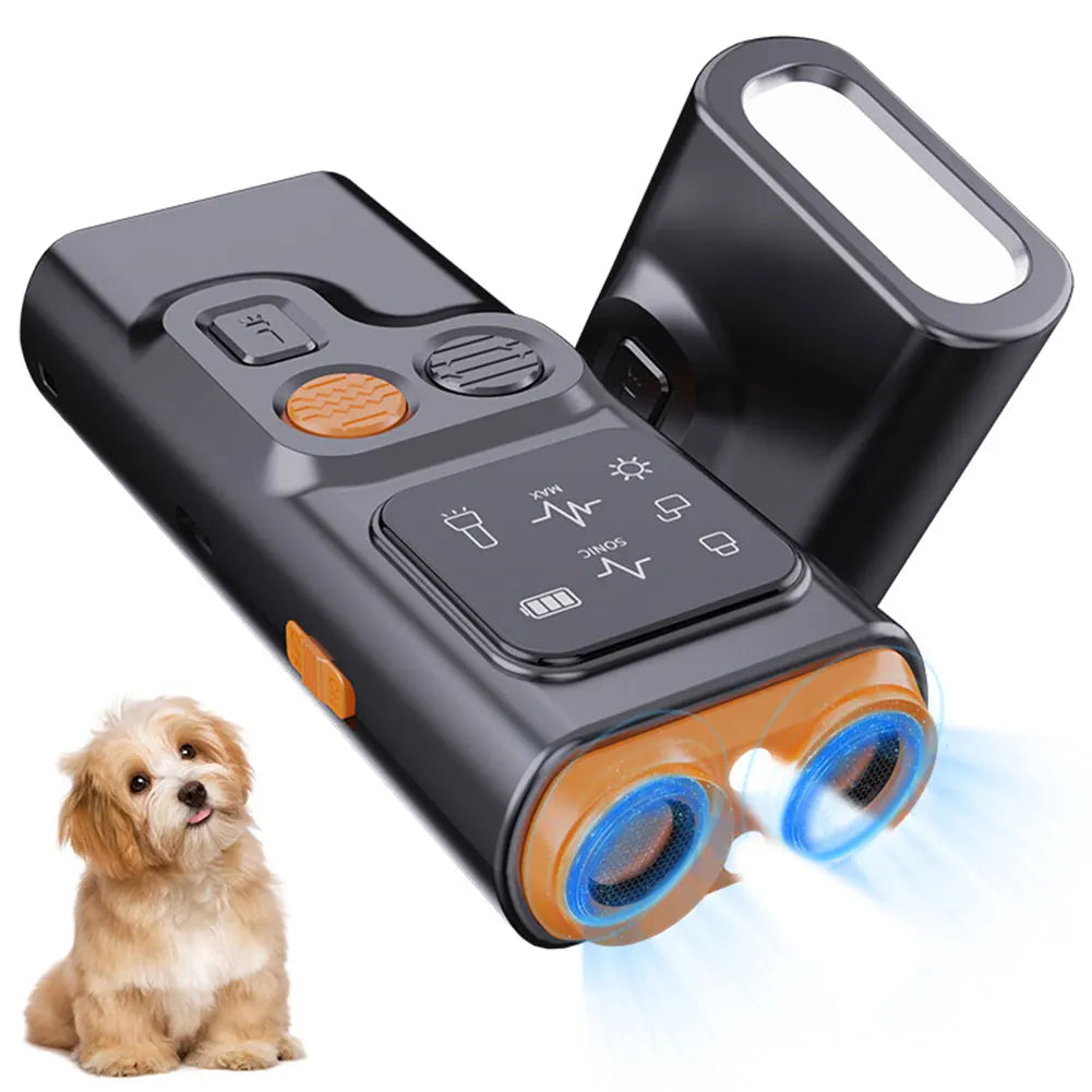 Rechargeable Ultrasonic Dog Repeller with LED Flashlight for Bark Deterrent and Training.