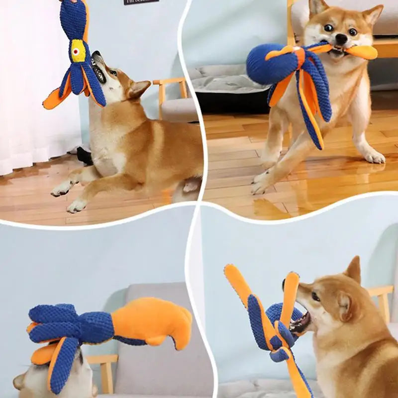Interactive squeaky octopus dog toy for small to large pets; durable and stuffing-free.
