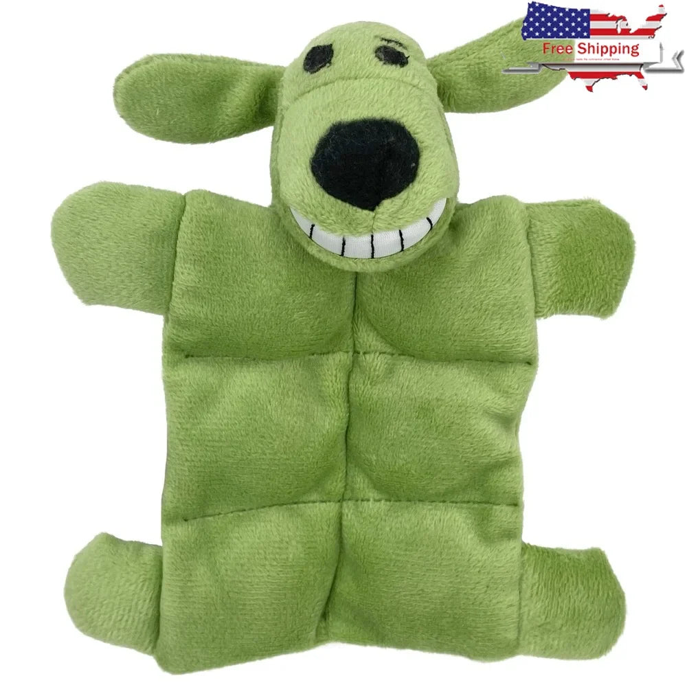 Mini pet squeaky dog toy in green, plush loofa mat for small dogs, featuring six squeakers and soft exterior.