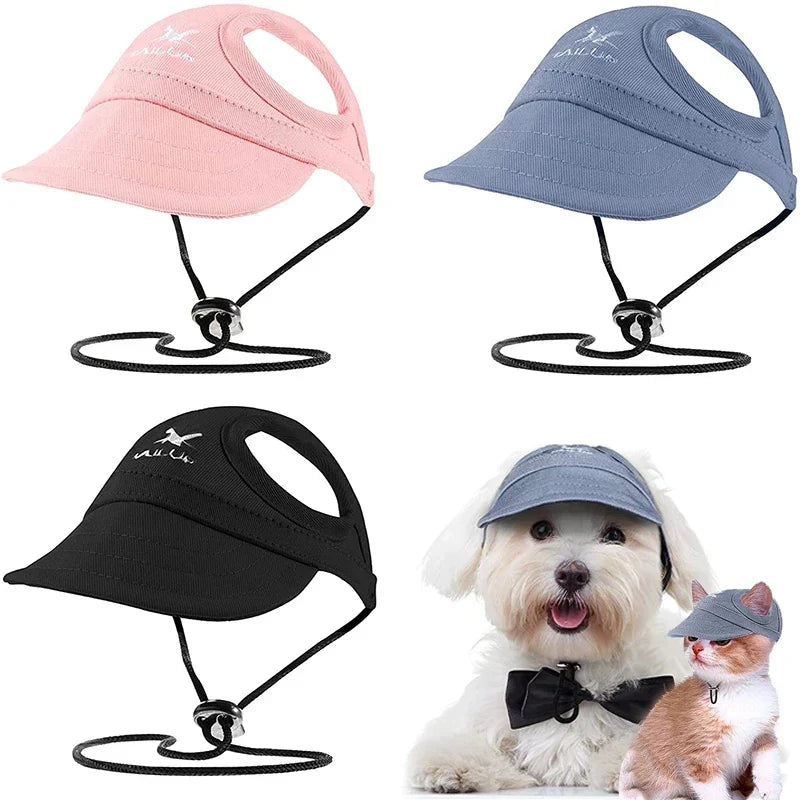 Adjustable dog cap with ear holes in black, pink, and blue for outdoor sports, suitable for cats and dogs.