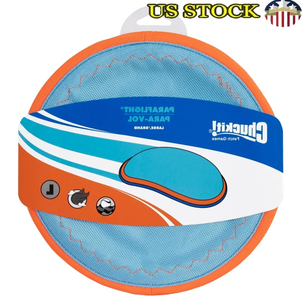 Durable flying disc dog toy with blue and orange design, ideal for water and land play.