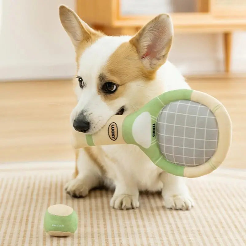 Stuffed Dog Toys Funny Puppy Squeaky Tennis Balls And Racket Set For Teething Chewing Indoor Outdoor Chew Play Dog Toys For