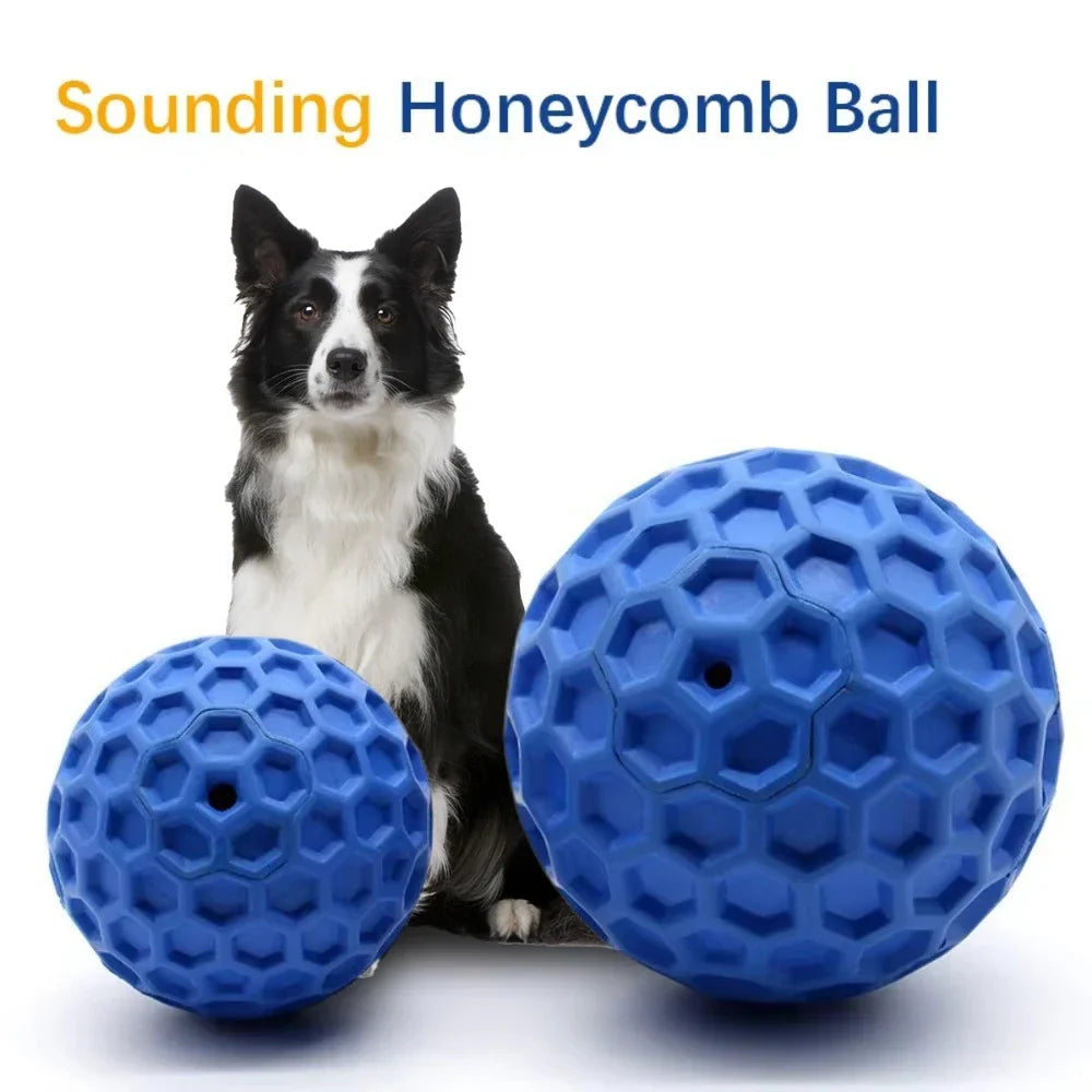 Bite resistant honeycomb dog toy ball with sound feature, ideal for teething and play.