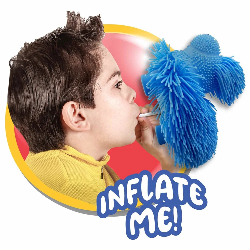 Inflatable Shaggy Dog Novelty Toy Soft Textured Stress Relief Children and Teens Interactive Fun with Blow Tube