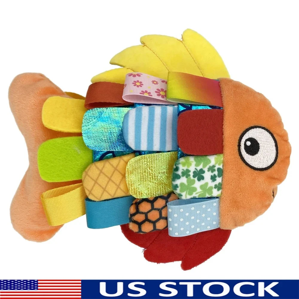 Plush Flappy Fish Dog Toy with crinkle, squeaker, and textured loops for interactive play.
