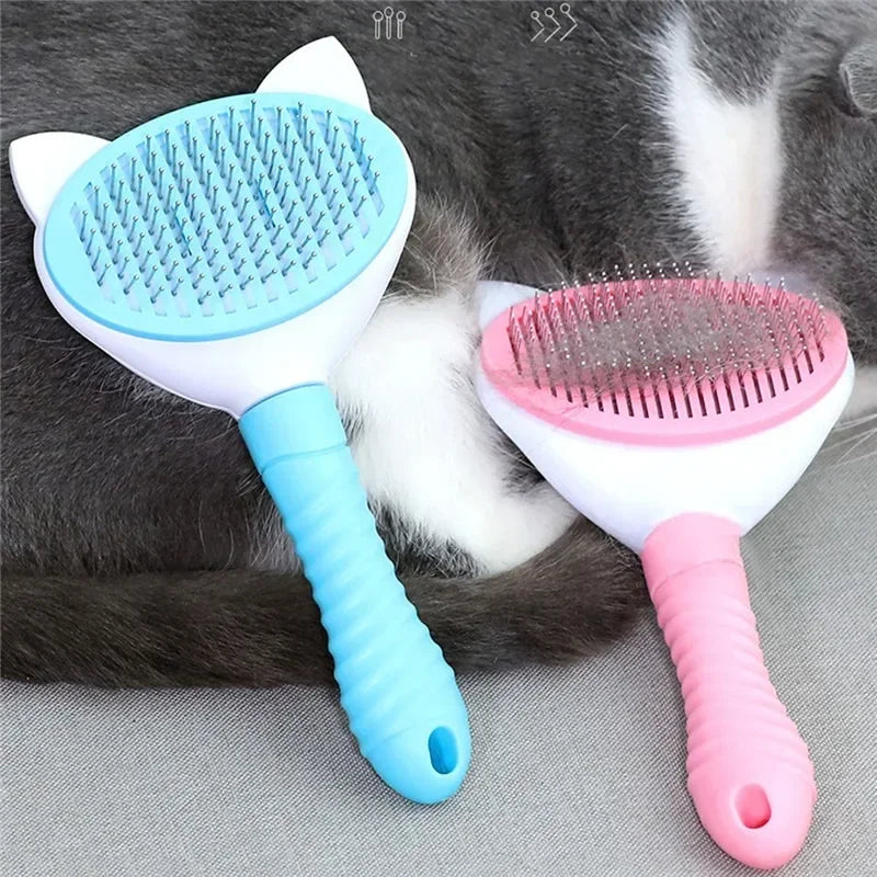 High-quality self-cleaning pet combs for cat grooming in blue and pink, designed for dogs and cats.