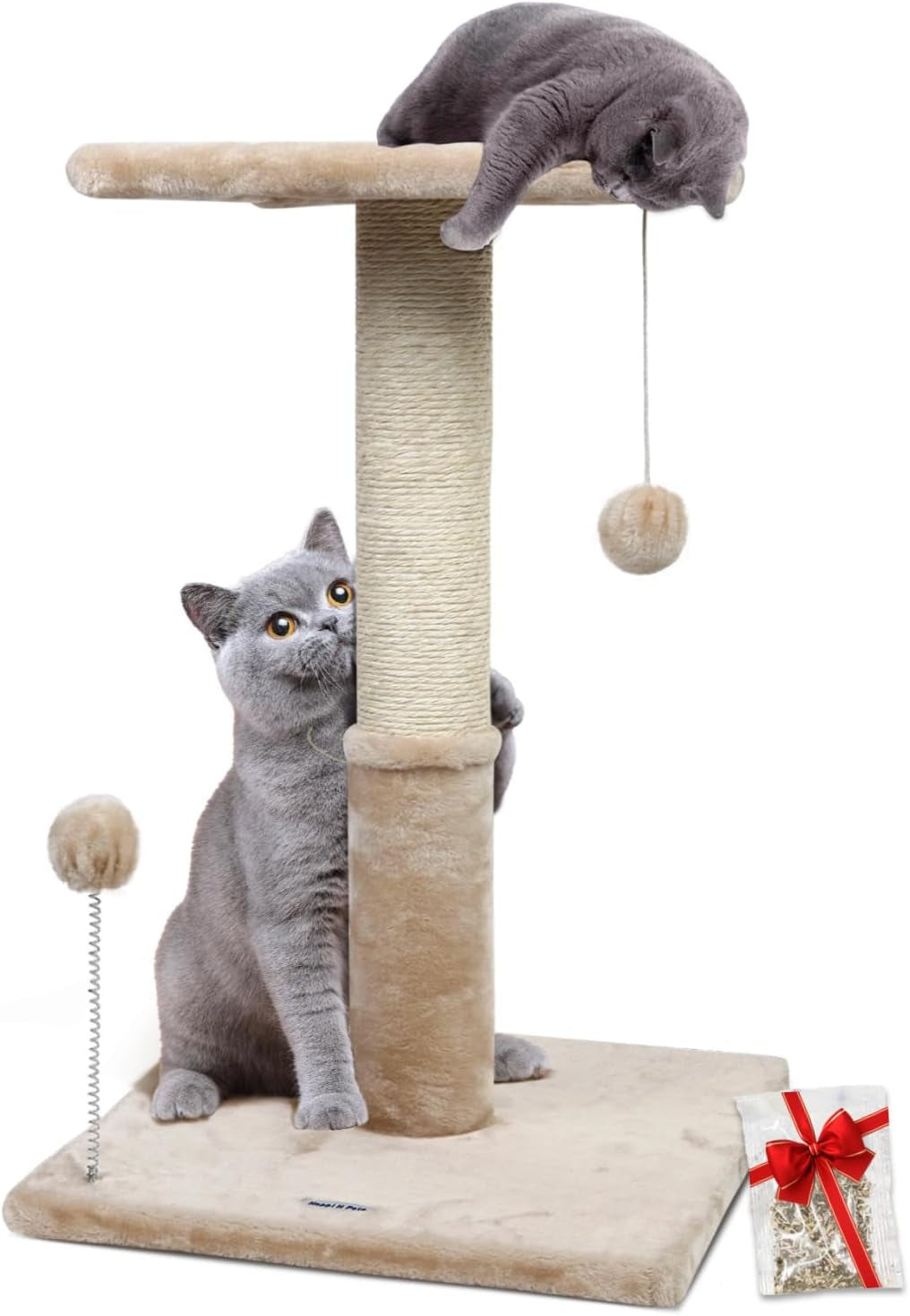 Beige 26" cat scratching post with sisal rope, cozy platform, hanging balls, and stable base for kittens.