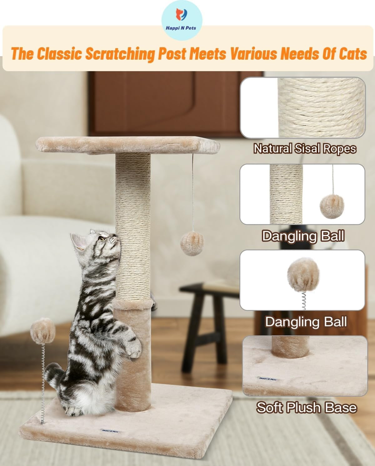 26" Cat Scratching Post with Platform, Sisal Cat Tree Tower for Indoor Cats, Featuring with Hanging Balls & Cozy Cat Perch, Stable Cat Scratch Posts for Kittens-Beige