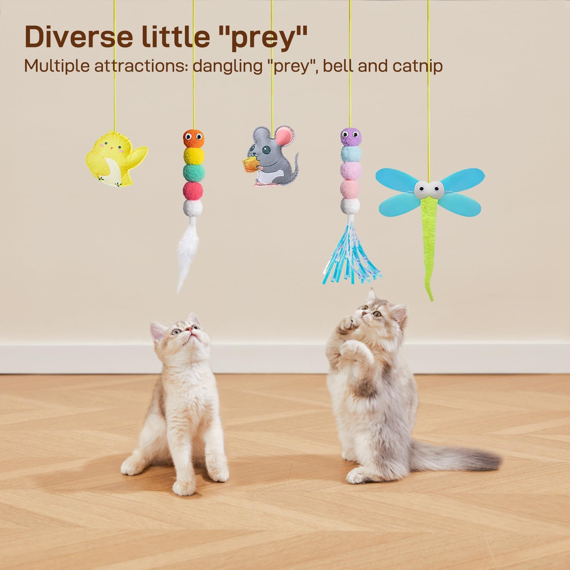 Interactive cat feather toys with dangling designs for stimulating play.