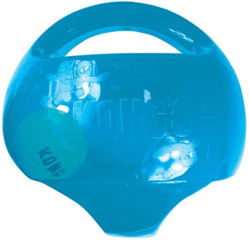 Jumbler Ball interactive dog toy with tennis ball, handles, and squeaker in blue for large dogs.