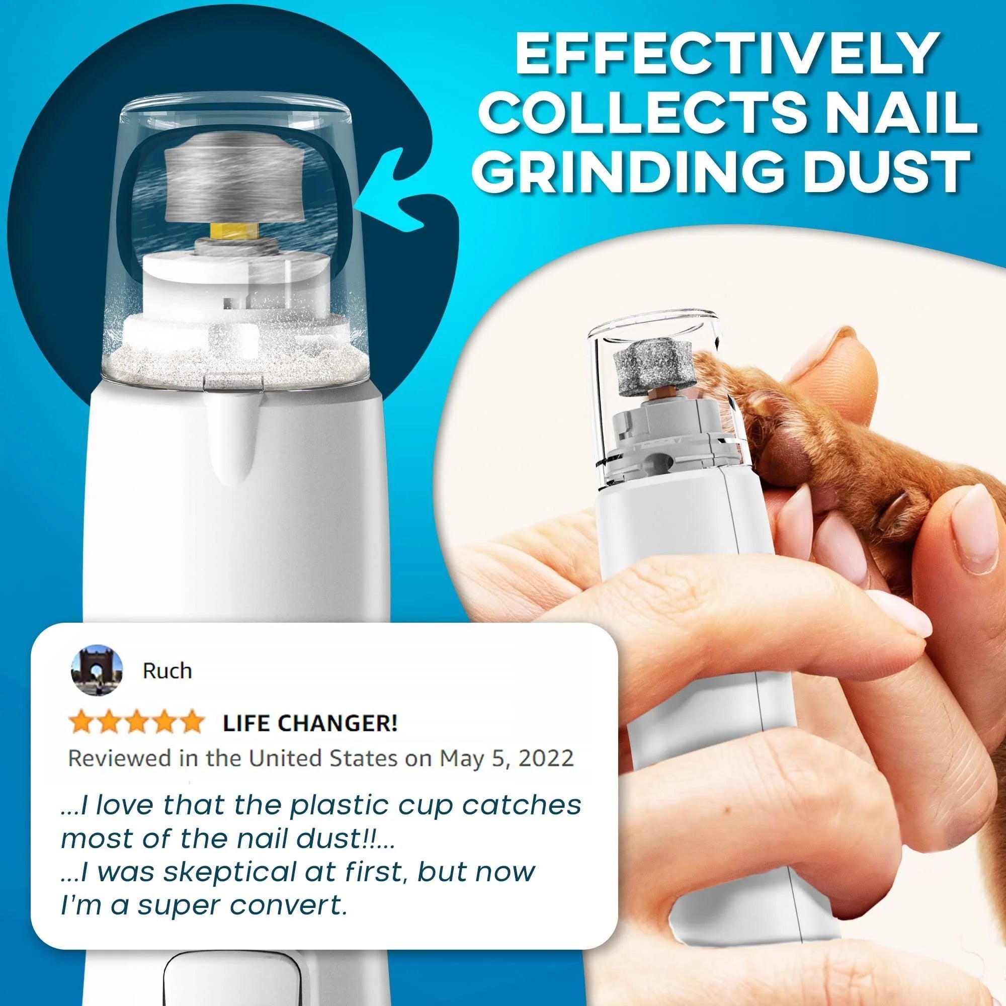 Dog nail grinder with LED light effectively collects nail grinding dust, featuring a review praising its design.