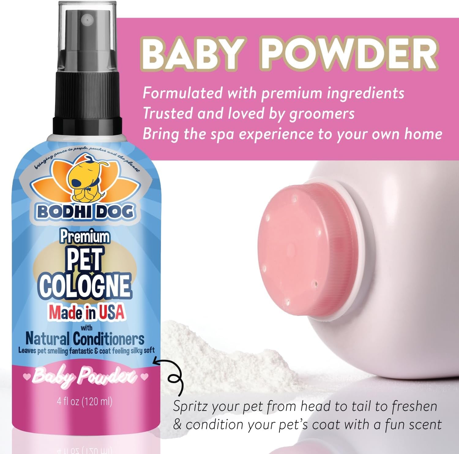 Natural Dog Cologne | Premium Scented Deodorizing Body Spray for Dogs & Cats | Dog Perfume W/Natural Dog Conditioner (Baby Powder, 4 Fl Oz)